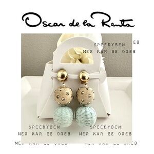 Oscar de la Renta Aquamarine Raffia Ball Clip On Earrings
